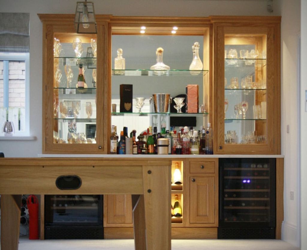 Bespoke oak cocktail cabinet and display case with built-in wine coolers