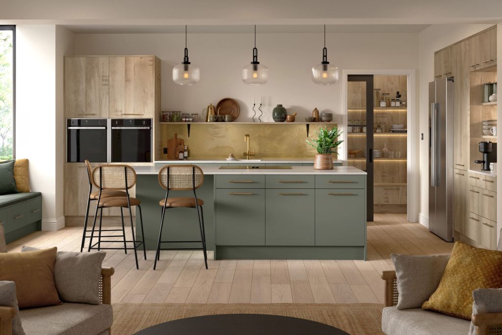 Valore natural chalet oak and matt smoke green kitchen
