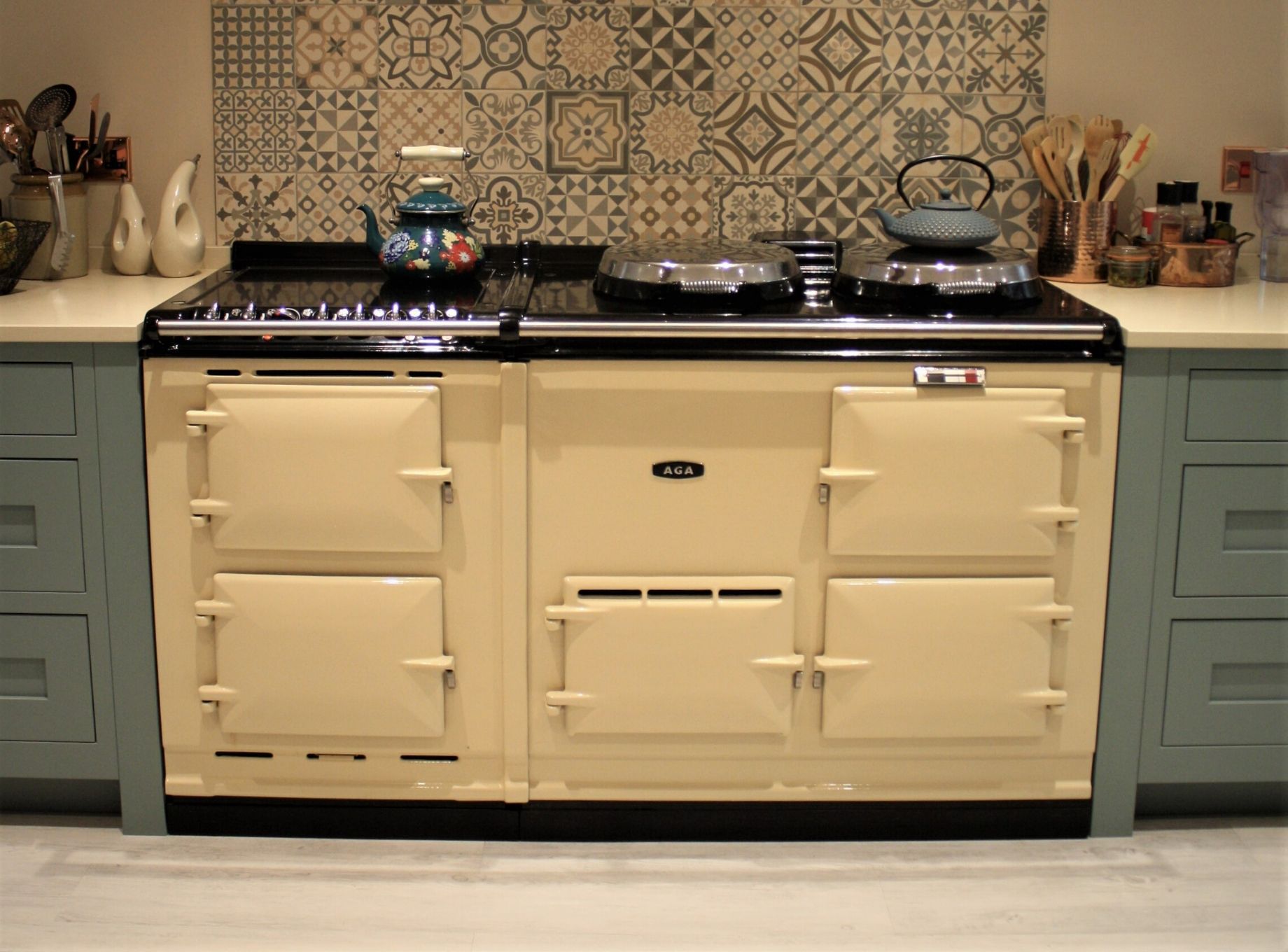 Reconditioned Aga cooker in kitchen designed and installed by Leger Interiors