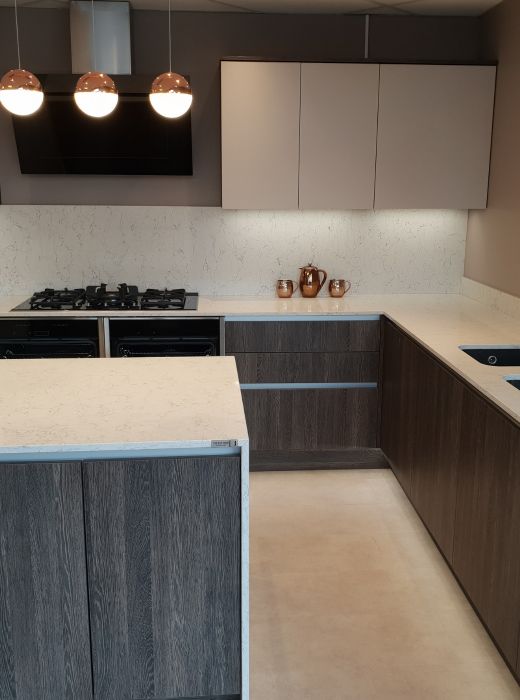 Handleless modern kitchen on display in our Clifton Moor, York showroom