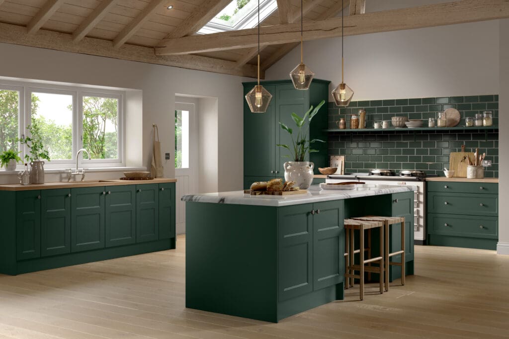 Bella Aldridge supermatt fir green kitchen