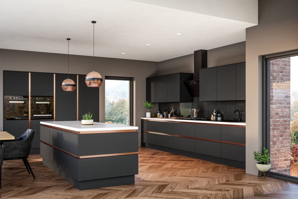 Zurfiz matt graphite copper handleless rail kitchen design
